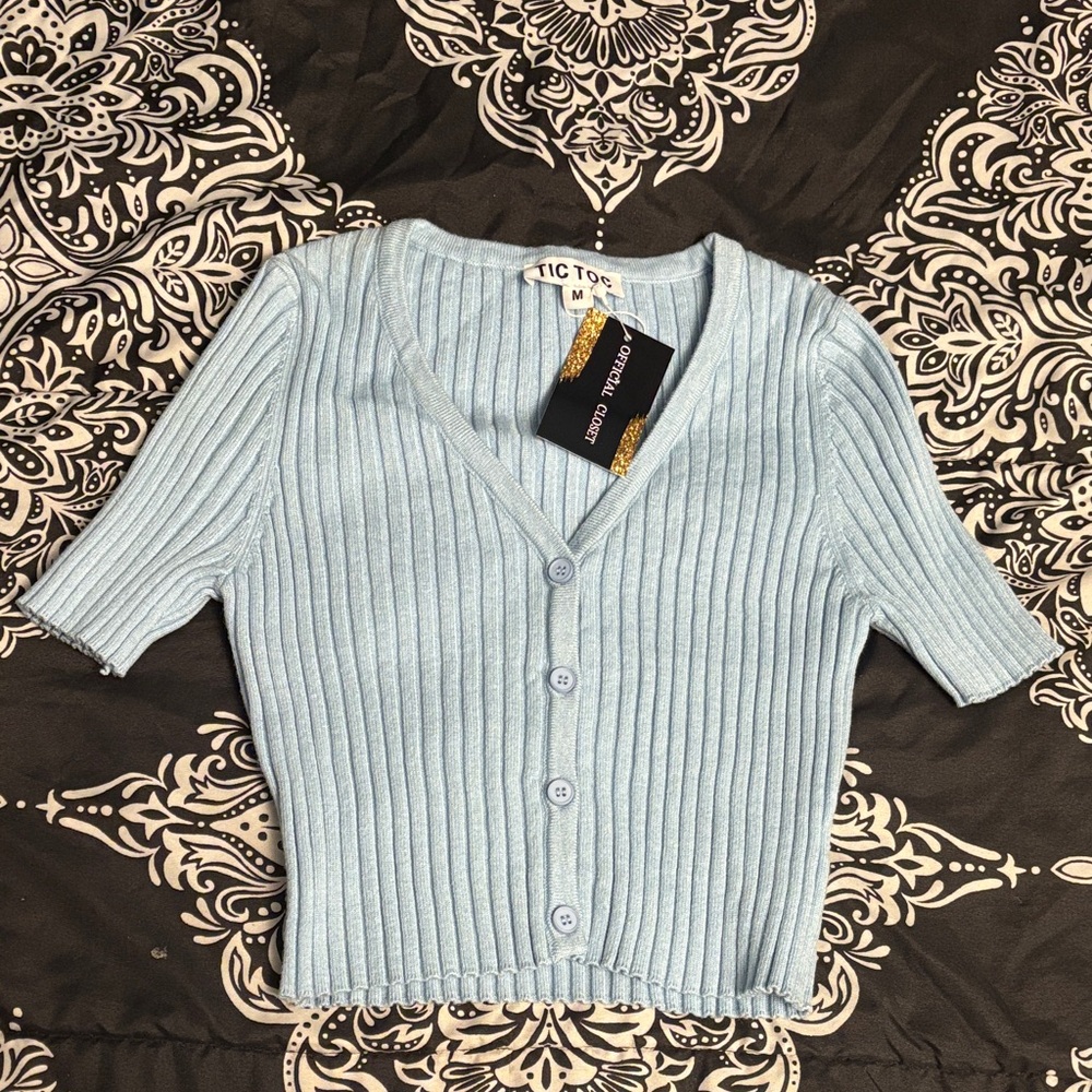 Light Blue Ribbed Button-Up Cardigan